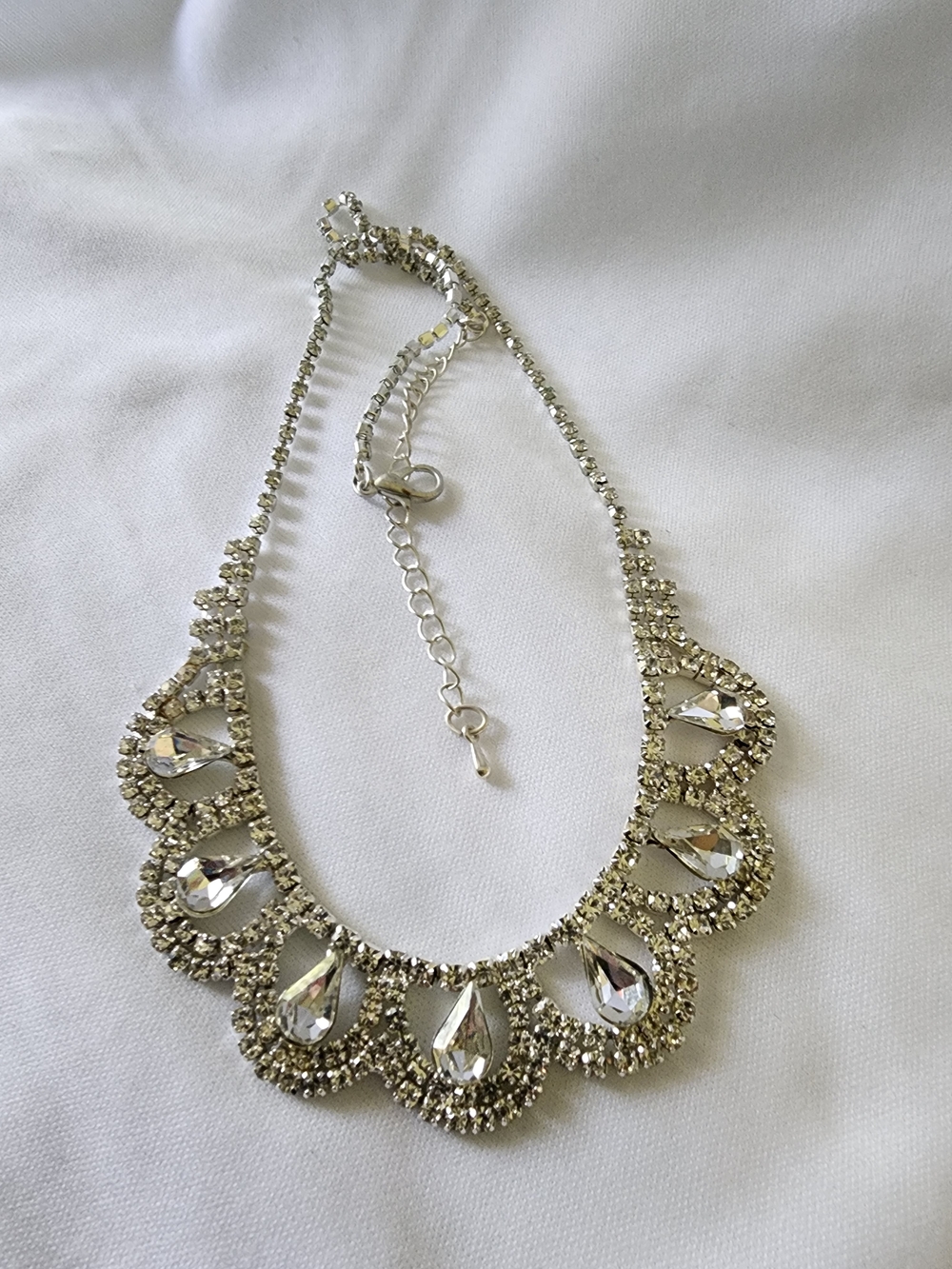 Crystal Teardrop Statement Necklace - Silver